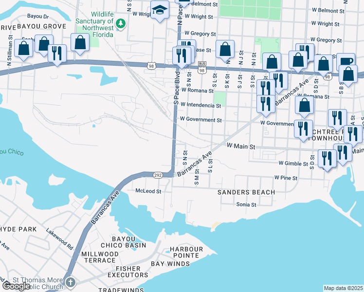 map of restaurants, bars, coffee shops, grocery stores, and more near 601 South N Street in Pensacola