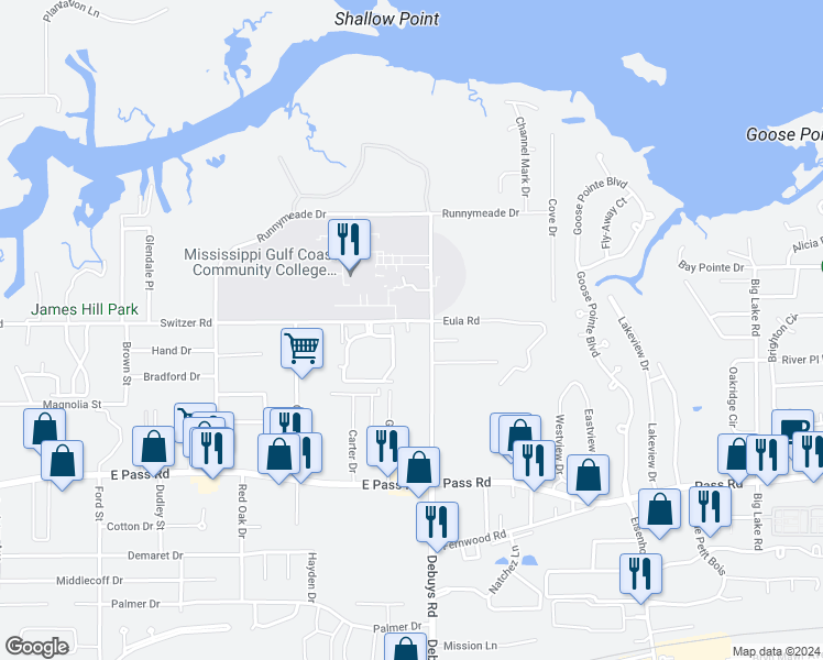 map of restaurants, bars, coffee shops, grocery stores, and more near 906 Jefferson Drive in Gulfport