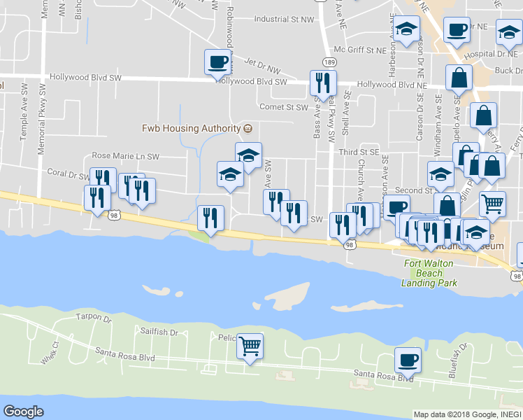 map of restaurants, bars, coffee shops, grocery stores, and more near 33 1st Street Southwest in Fort Walton Beach