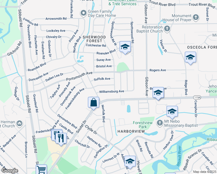 map of restaurants, bars, coffee shops, grocery stores, and more near 4626 Fredericksburg Avenue in Jacksonville