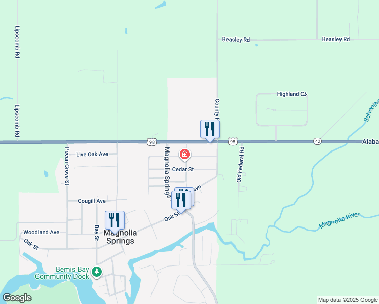 map of restaurants, bars, coffee shops, grocery stores, and more near County Road 49 in Foley