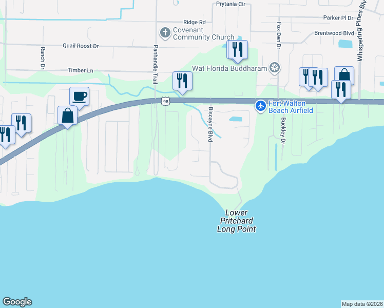map of restaurants, bars, coffee shops, grocery stores, and more near 2015 Pine Ranch Drive in Navarre