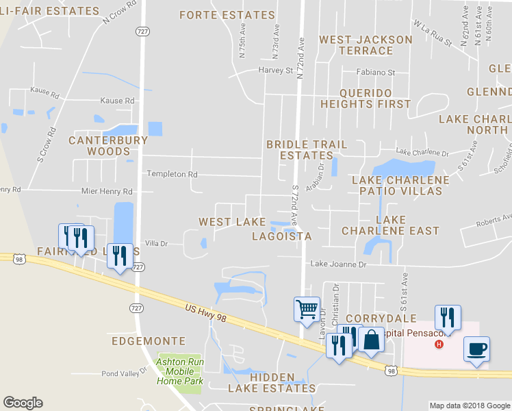 map of restaurants, bars, coffee shops, grocery stores, and more near 405 Westlake Drive in Pensacola