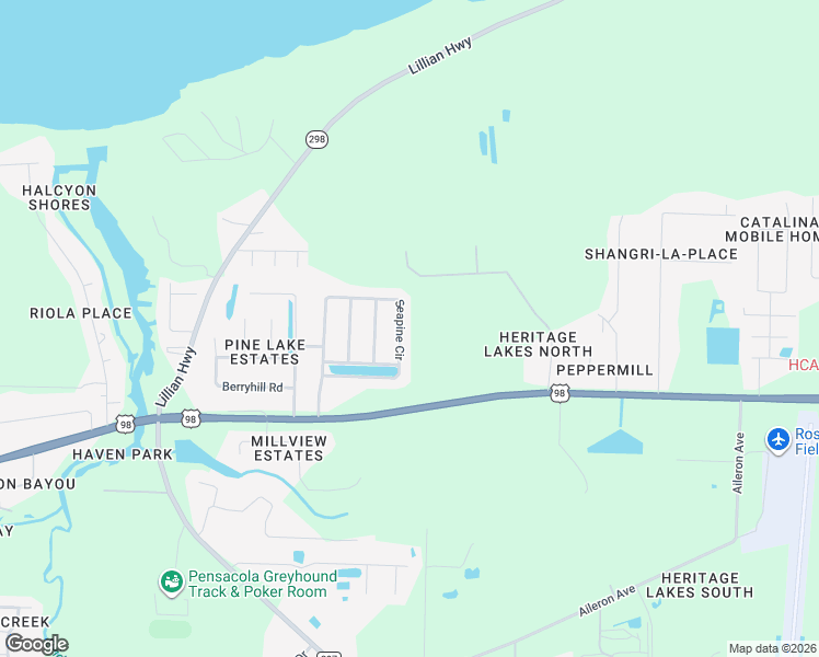 map of restaurants, bars, coffee shops, grocery stores, and more near 595 Seapine Circle in Pensacola