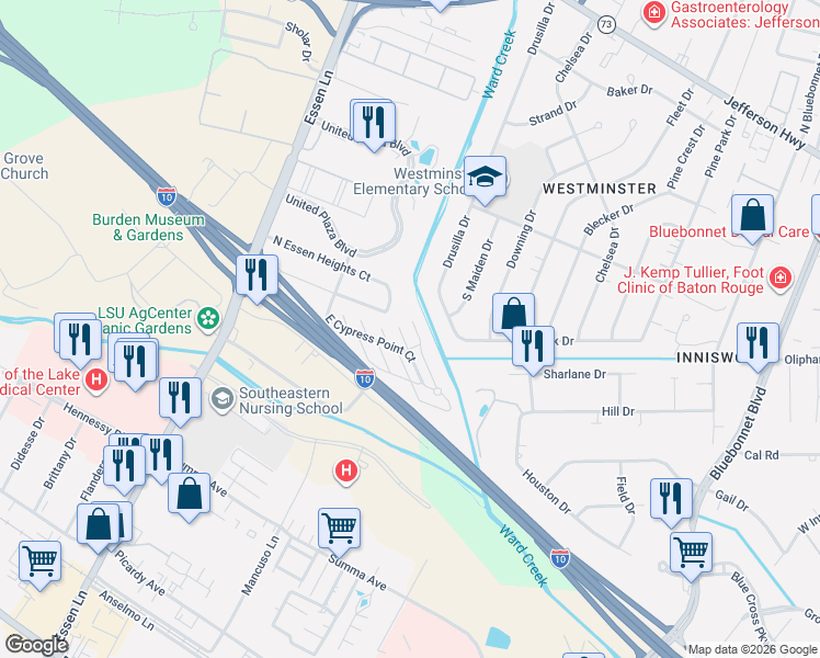 map of restaurants, bars, coffee shops, grocery stores, and more near 4780 Drusilla Drive in Baton Rouge