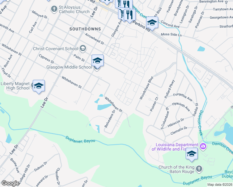 map of restaurants, bars, coffee shops, grocery stores, and more near 1586 Brame Drive in Baton Rouge