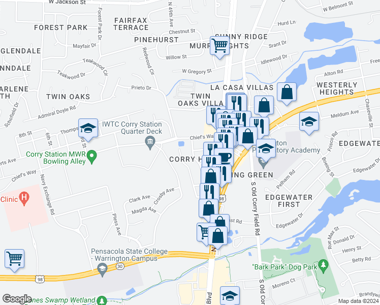 map of restaurants, bars, coffee shops, grocery stores, and more near 35 Flynn Drive in Pensacola