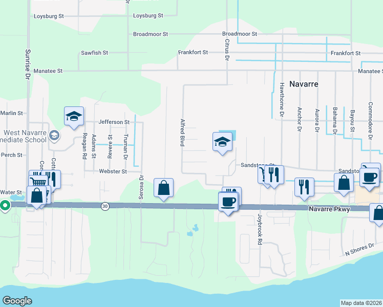 map of restaurants, bars, coffee shops, grocery stores, and more near 7215 Zoe Circle in Navarre