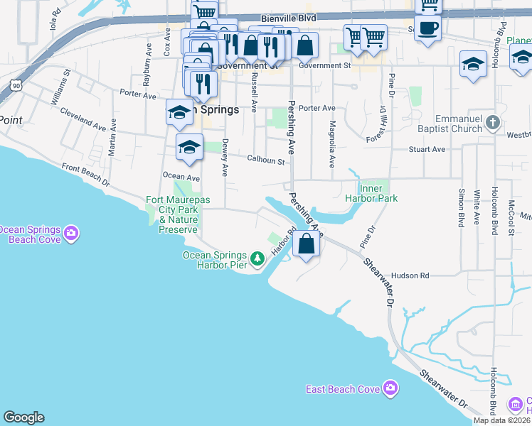 map of restaurants, bars, coffee shops, grocery stores, and more near 1215 Harbor Rd in Ocean Springs