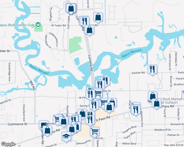 map of restaurants, bars, coffee shops, grocery stores, and more near Lorraine Rd & Cowan Rd in Gulfport