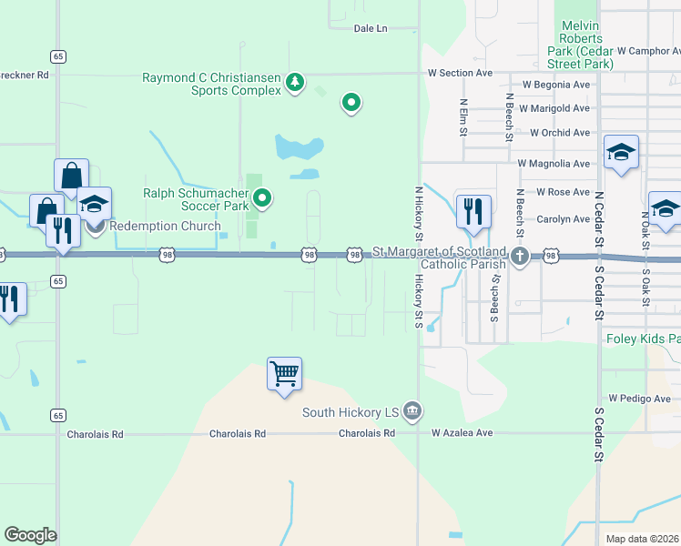 map of restaurants, bars, coffee shops, grocery stores, and more near 1103-1199 State Highway 42 in Foley