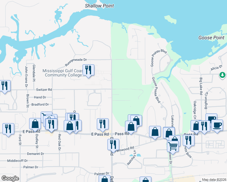map of restaurants, bars, coffee shops, grocery stores, and more near 400-426 Debuys Road in Biloxi