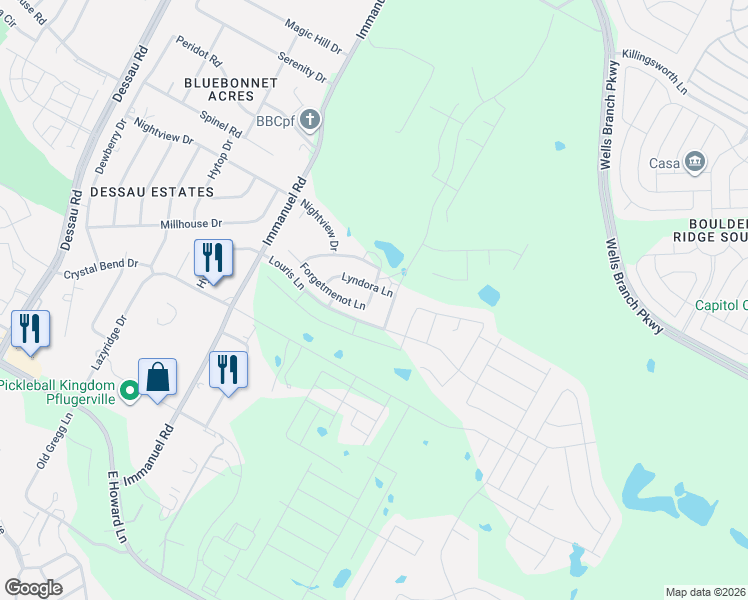 map of restaurants, bars, coffee shops, grocery stores, and more near 2704 Entrada Tranquila Way in Pflugerville