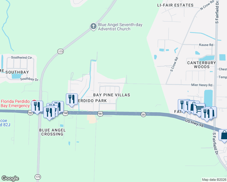 map of restaurants, bars, coffee shops, grocery stores, and more near 458 Bay Pine Villas Drive in Pensacola