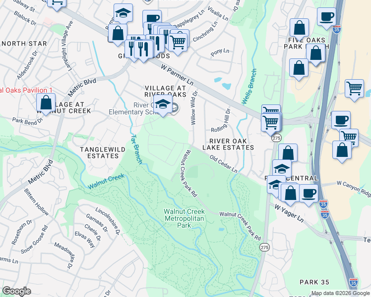 map of restaurants, bars, coffee shops, grocery stores, and more near 12300 Willow Wild Drive in Austin