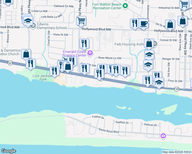 map of restaurants, bars, coffee shops, grocery stores, and more near Miracle Strip Parkway Southwest in Fort Walton Beach