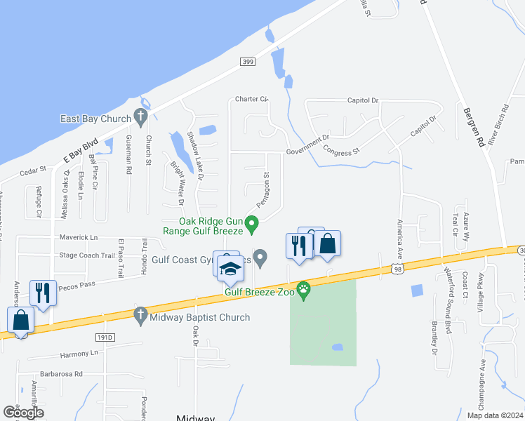 map of restaurants, bars, coffee shops, grocery stores, and more near 1950 Pentagon Street in Gulf Breeze