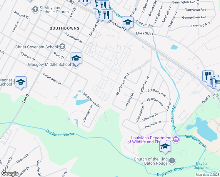 map of restaurants, bars, coffee shops, grocery stores, and more near 1725 Woodchase Boulevard in Baton Rouge