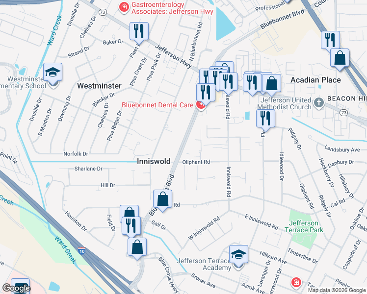 map of restaurants, bars, coffee shops, grocery stores, and more near 4607 Bluebonnet Boulevard in Baton Rouge
