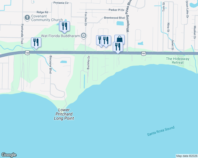 map of restaurants, bars, coffee shops, grocery stores, and more near 1988 Jessica Way in Navarre