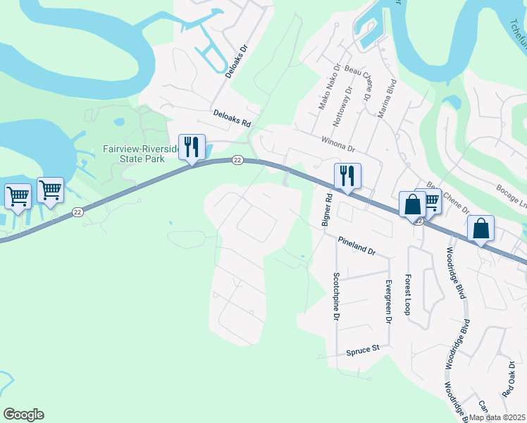 map of restaurants, bars, coffee shops, grocery stores, and more near 140 Chapel Loop in Mandeville