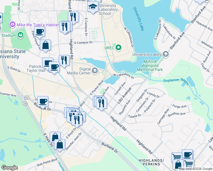map of restaurants, bars, coffee shops, grocery stores, and more near 1 Rue Sorbonne in Baton Rouge