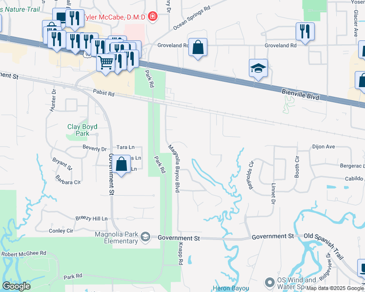 map of restaurants, bars, coffee shops, grocery stores, and more near 3504 Redwood Lane in Ocean Springs