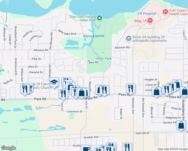 map of restaurants, bars, coffee shops, grocery stores, and more near 363 West Drive in Biloxi