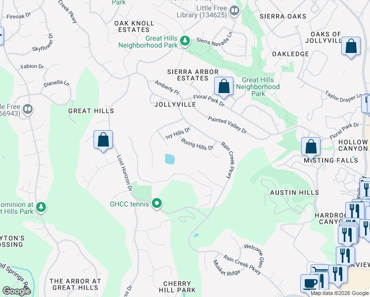 map of restaurants, bars, coffee shops, grocery stores, and more near 5909 Rising Hills Drive in Austin
