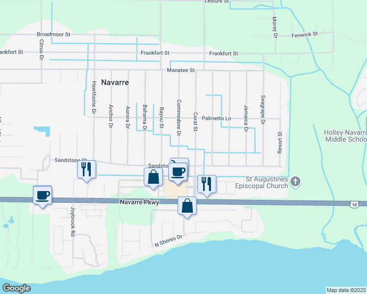 map of restaurants, bars, coffee shops, grocery stores, and more near 1902 Commodore Street in Navarre