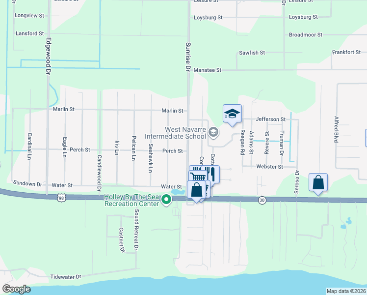 map of restaurants, bars, coffee shops, grocery stores, and more near 1921 Sunrise Drive in Navarre