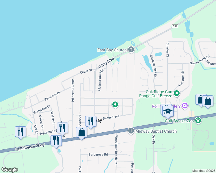 map of restaurants, bars, coffee shops, grocery stores, and more near 1920 Elodie Lane in Gulf Breeze
