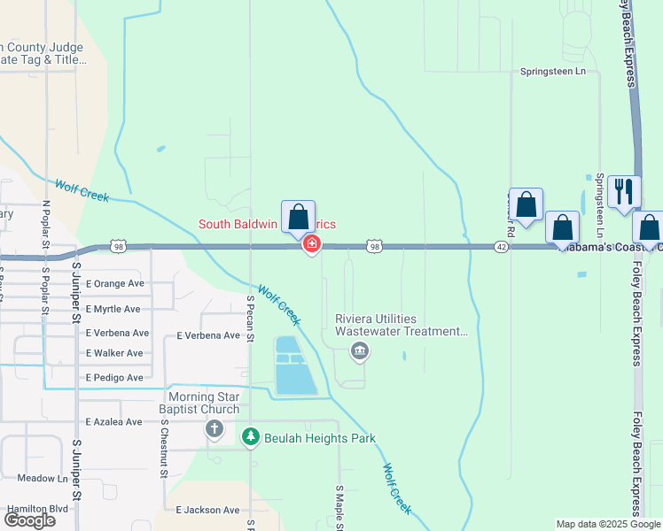 map of restaurants, bars, coffee shops, grocery stores, and more near 102 Greentree Lane in Foley