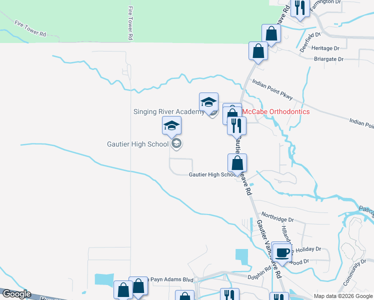 map of restaurants, bars, coffee shops, grocery stores, and more near 4307 Gautier Vancleave Road in Gautier