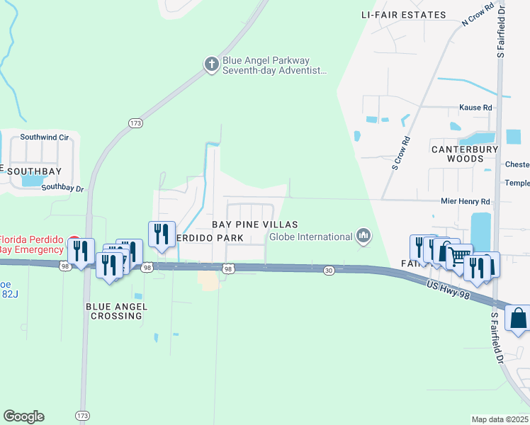 map of restaurants, bars, coffee shops, grocery stores, and more near 408 Pine Crescent Way in Pensacola