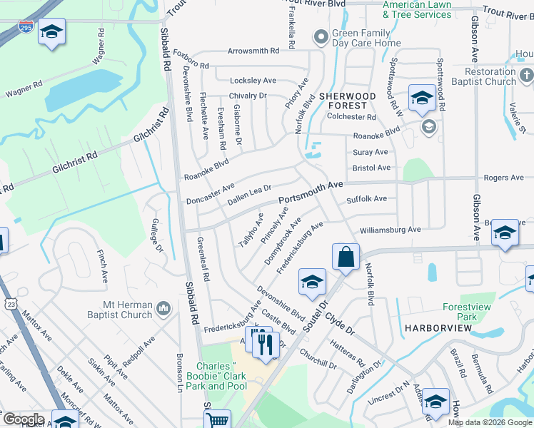 map of restaurants, bars, coffee shops, grocery stores, and more near 4926 Portsmouth Avenue in Jacksonville