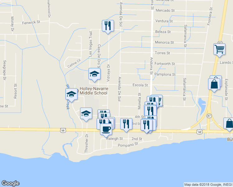 map of restaurants, bars, coffee shops, grocery stores, and more near 1971 Avenida De Sol in Navarre