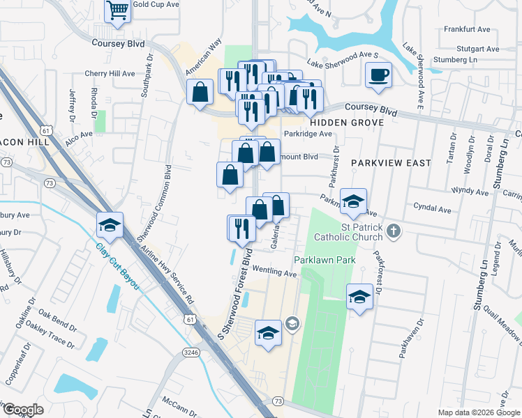 map of restaurants, bars, coffee shops, grocery stores, and more near 5341 South Sherwood Forest Boulevard in Baton Rouge