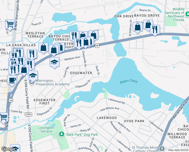 map of restaurants, bars, coffee shops, grocery stores, and more near 212 Bill Place in Pensacola