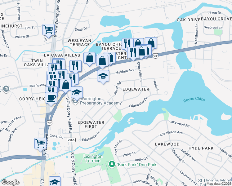 map of restaurants, bars, coffee shops, grocery stores, and more near 405 Frisco Road in Pensacola