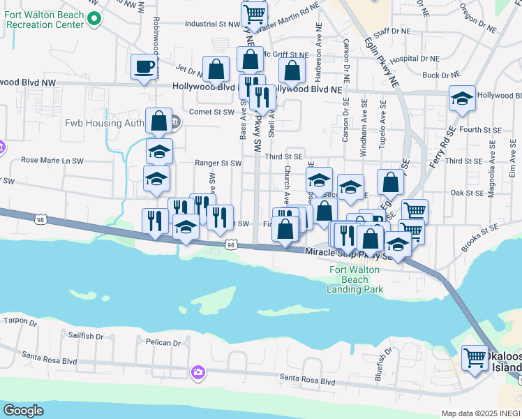 map of restaurants, bars, coffee shops, grocery stores, and more near 127 Beal Parkway Southwest in Fort Walton Beach