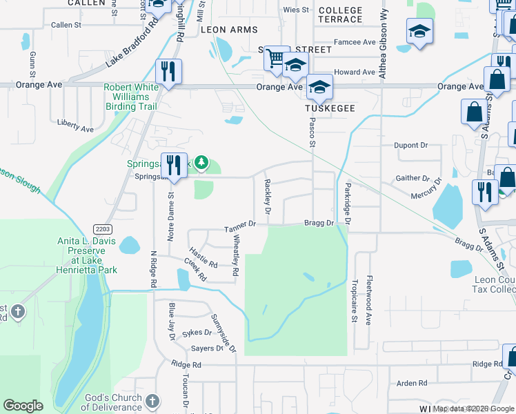 map of restaurants, bars, coffee shops, grocery stores, and more near 3110 Rackley Drive in Tallahassee