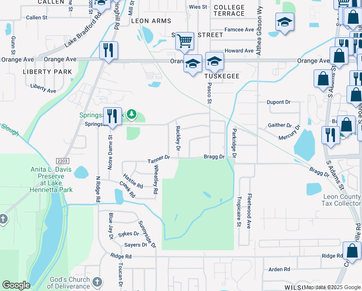 map of restaurants, bars, coffee shops, grocery stores, and more near 3110 Rackley Drive in Tallahassee
