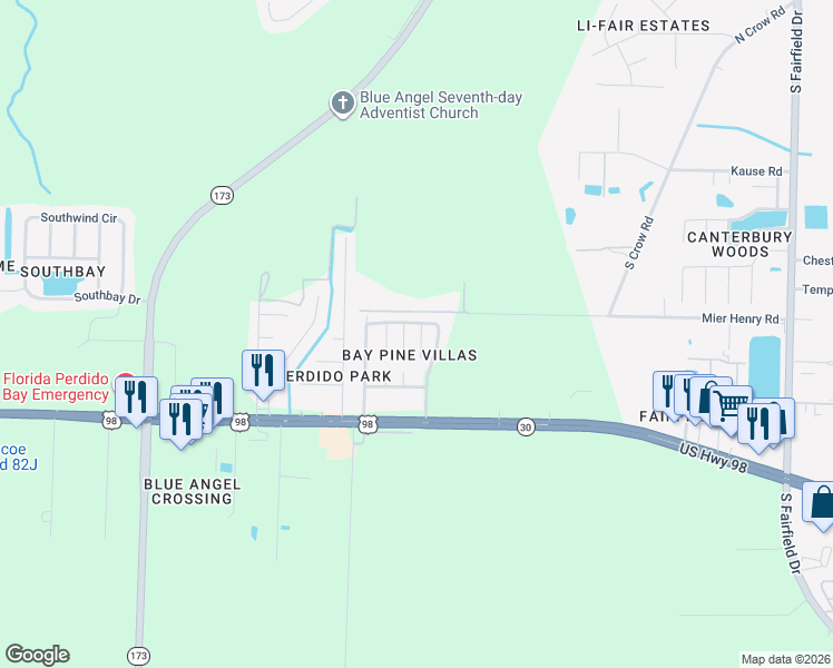 map of restaurants, bars, coffee shops, grocery stores, and more near 458 Bay Pine Villas Drive in Pensacola