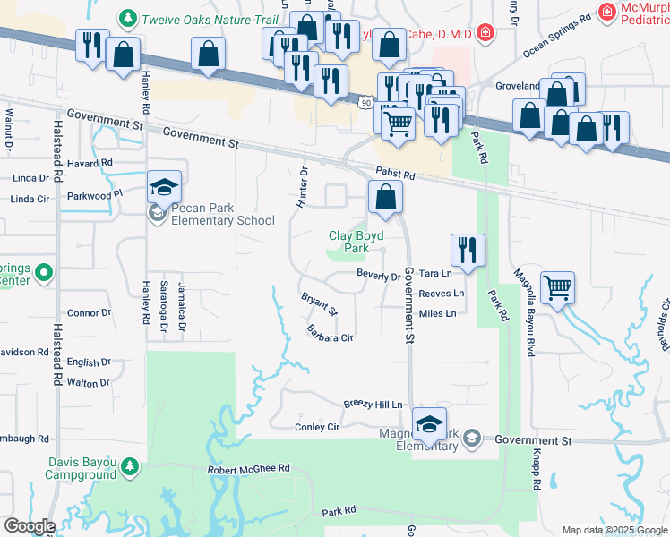 map of restaurants, bars, coffee shops, grocery stores, and more near 106 Beverly Drive in Ocean Springs