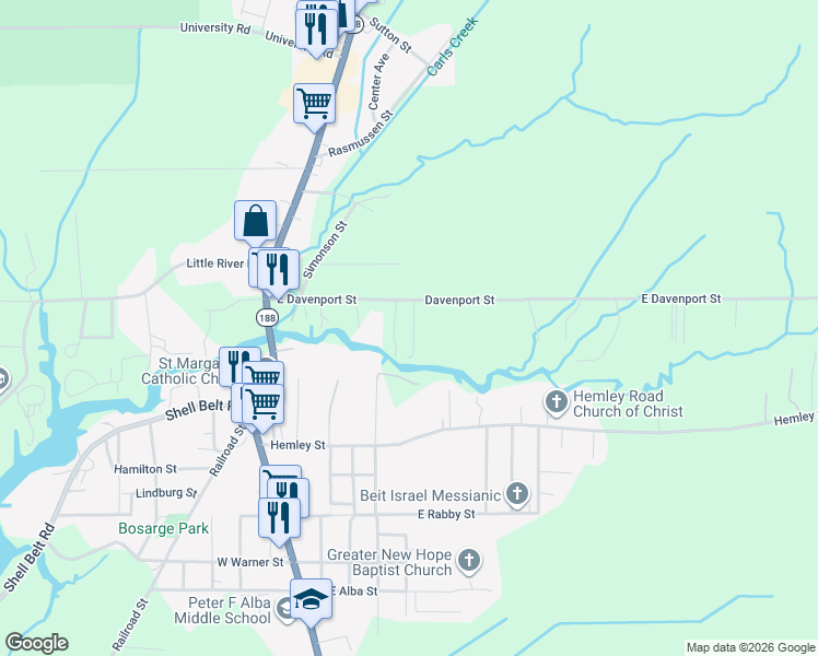 map of restaurants, bars, coffee shops, grocery stores, and more near 51-65 Castelin Avenue in Bayou La Batre