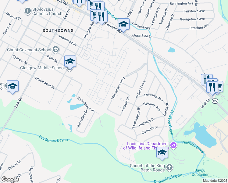 map of restaurants, bars, coffee shops, grocery stores, and more near 1725 Woodchase Boulevard in Baton Rouge
