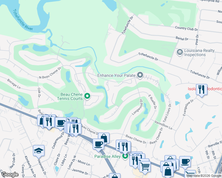 map of restaurants, bars, coffee shops, grocery stores, and more near 113 Catalpa Lane in Mandeville