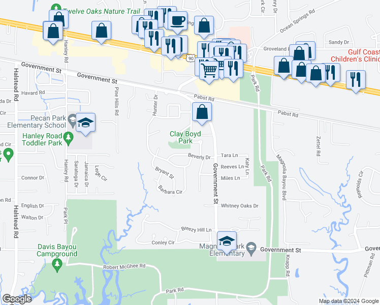 map of restaurants, bars, coffee shops, grocery stores, and more near 118 Beverly Drive in Ocean Springs