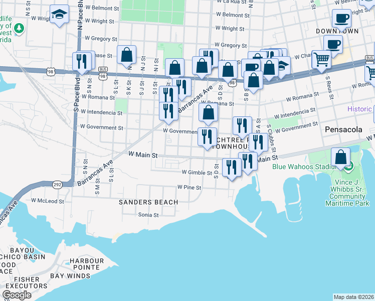 map of restaurants, bars, coffee shops, grocery stores, and more near 1301 West Zarragossa Street in Pensacola